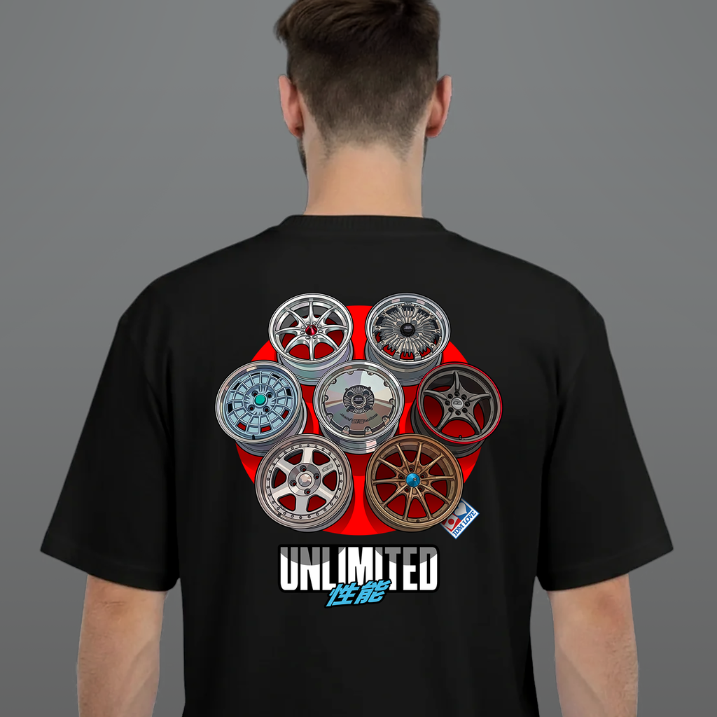 Person wearing Tshirt T-shirt Red Mugen Acura Honda MF10 MF-10 RNR MF8 MF-8 M7 CF-48 Power Unlimited Infinite Black Rear Back
