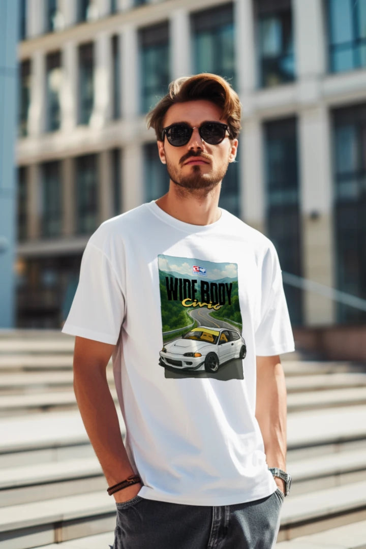 Person wearing a black Tshirt T-shirt Japan Hakone White Hatchback with Fender Flares