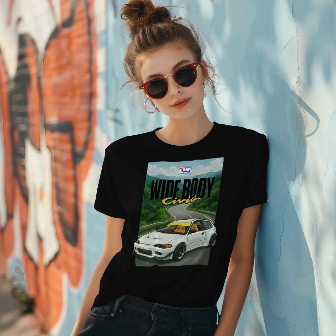 Person wearing a black Tshirt T-shirt Japan Hakone White Hatchback with Fender Flares