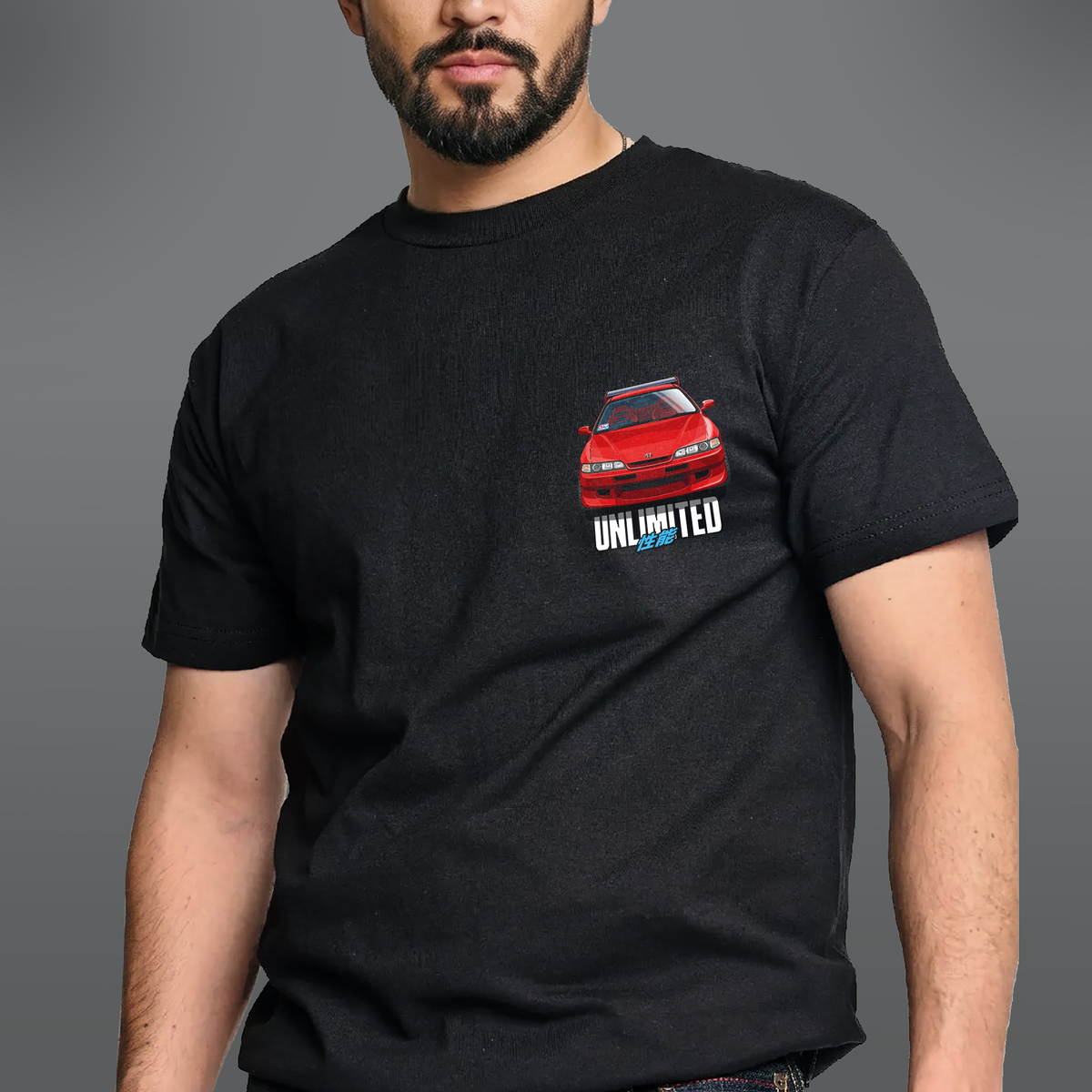 Person Wearing Tshirt T-shirt Red Mugen Acura Integra Type R with Mugen Front Spoiler Wing Parts Black JDM Design Illustration 